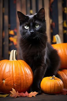 a black cat sitting next to some pumpkins