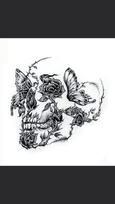 a skull with roses and butterflies on it's face is drawn in black ink