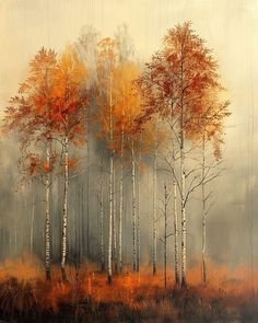 an oil painting of trees with orange leaves in the foreground and fog in the background