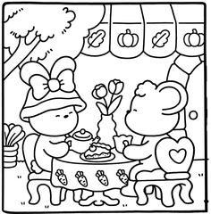 a coloring page with two children at a table