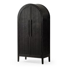 a black wooden cabinet with an arched door