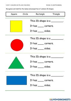 a worksheet for the shape and color of shapes, which includes an image of a