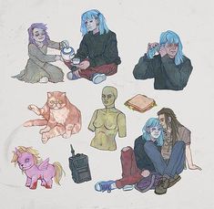 several drawings of people sitting on the ground with cats, dogs and other things in front of them