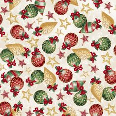 an image of christmas ornaments and bows on a white background with red, green and gold accents