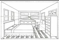 a line drawing of a bedroom with drawers, bed and dressers in the corner