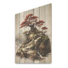 a painting on wood depicting a tree with red leaves and rocks in the foreground