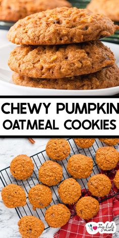 chewy pumpkin oatmeal cookies stacked on top of each other with text overlay