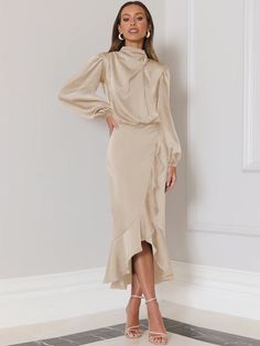 Champagne Fold Turtleneck, High Low Midi Dress, Satin Style, Evening Dresses With Sleeves, Satin Long Sleeve, Mini Robes, Elegant Pattern, Dress Sleeve Styles, Split Maxi Dress