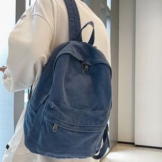 Navy Blue Backpack Aesthetic, Aesthetic Backpack Vintage, Casual Large Capacity Canvas Bag For Students, Trendy Denim Blue Canvas Bag For School, Large Capacity Denim Blue Canvas Bag For School, Canvas Bag With Pockets For Back To School, Denim Blue Rectangular Canvas Bag For School, Casual Cotton Canvas Bag For Back To School, Casual Gray Backpack For Students