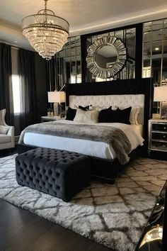 Bedroom Ideas Black And Grey, Black Bedroom Furniture Decor, Bedroom Ideas Interior Design, Black Room Ideas, Black And Silver Bedroom, Glam Rooms, Decorating Ideas Bedroom, Glamorous Bedroom