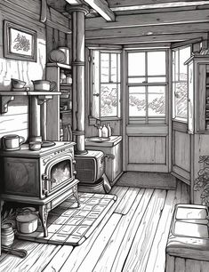 a black and white drawing of a living room with an old fashioned stove in the corner