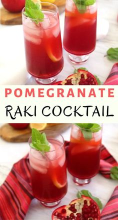 pomegranate and rasp cocktail in glasses with garnish