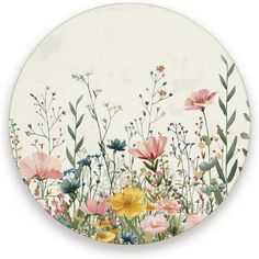 a plate with flowers and plants painted on the front, in pastel colors against a white background