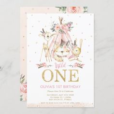 a pink and gold first birthday party card with an image of two deers on it