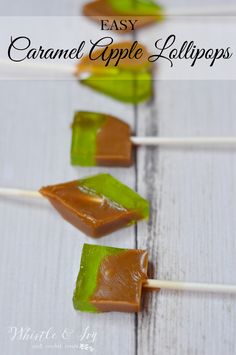 caramel apple lollipops on a white table