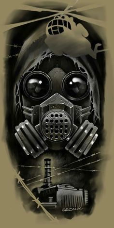 a black and white drawing of a man wearing a gas mask