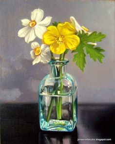 a painting of daffodils in a glass vase