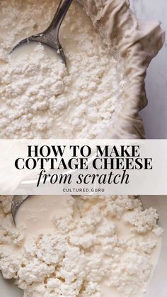 how to make cottage cheese from scratch in a white bowl with a spoon and text overlay