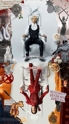 the collage has many different pictures and words on it, including an image of a man sitting in a chair