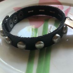 Black Leather And Studded Bracelet From Will Leather Goods. New With Tags Silver Leather Punk Bracelet With Black Band, Silver Leather Bracelet With Black Band In Punk Style, Punk Style Silver Leather Bracelet With Black Band, Edgy Silver Leather Bracelet With Black Band, Edgy Silver Bracelets With Black Band, Edgy Silver Bracelet With Black Band, Punk Style Silver Bracelet With Studs, Silver Punk Bracelets With Studs, Punk Black Bracelet With Silver Studs