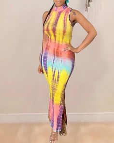 Style:ChicType:SlitMaterial:PolyesterNeckline:O-neckSleeve Style:SleevelessLength:MaxiPattern Type:Tie DyeFit Type:RegularOccasion:DailyPackage Include:1* Dress S: bust:29.1(inch); top length:55.5(inch); bottom waist:26.0(inch); M: bust:30.7(inch); top length:55.9(inch); bottom waist:27.6(inch); L: bust:32.3(inch); top length:56.3(inch); bottom waist:29.1(inch); XL: bust:33.9(inch); top length:56.7(inch); bottom waist:30.7(inch); Make Your Own Dress, Chic Type, Model Outfits, Instagram Model, Fashion World, Sleeveless Maxi Dress, Tie Dye Print, Different Fabrics, Colorful Fashion