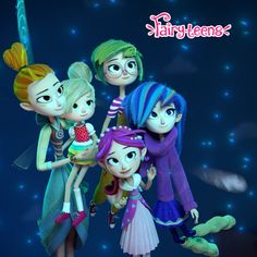 three cartoon characters are standing together in front of a blue background with stars and sparkles