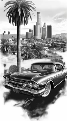 a black and white photo of an old car in front of a cityscape