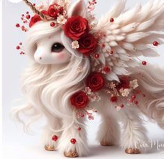 a white unicorn with red roses on its head and wings is standing in front of a white background