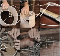 several pictures showing how to make a wire basket