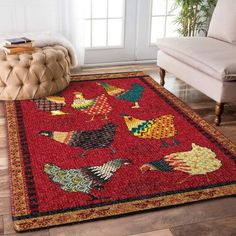 a red rug with roosters on it