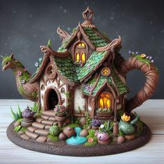 a figurine of a teapot shaped like a house with lights on it