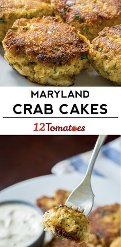 the crab cakes are being eaten with a fork