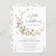 a little wildflowers is on the way baby shower card with flowers and leaves