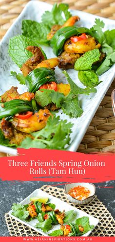 three friends spring onion rolls with carrots and cilantro on a white plate