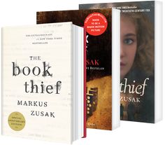 three books are stacked on top of each other in front of a white background with the title'the book thief '