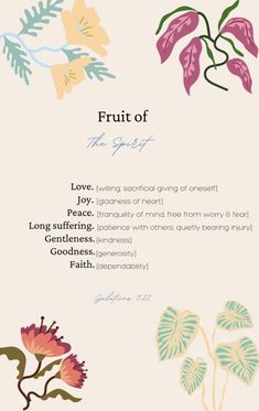 the fruit of the spirit card with flowers and leaves in pink, blue, yellow and green