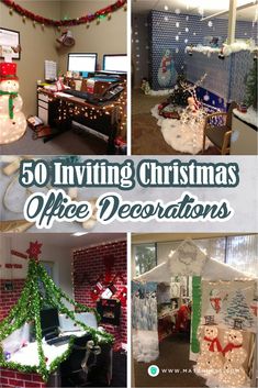 christmas office decorations with the words 50 inviting christmas office decorations on it's side