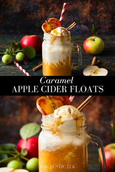 caramel apple cider floats in a mason jar