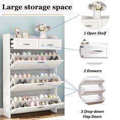 an organized shoe rack with instructions for storage