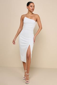 Elegant Allure White One-Shoulder Sleeveless Midi Dress Bridal Shower Dress For Bride One Shoulder, Chic Sleeveless Bandage Dress For Formal Occasions, Chic One Shoulder Bodycon Bandage Dress, Chic One-shoulder Bodycon Bandage Dress, Elegant Fitted One Shoulder Sleeveless Dress, Elegant One Shoulder Sleeveless Fitted Dress, One-shoulder Bodycon Bandage Dress For Cocktail, Chic One-shoulder Bandage Dress For Date Night, Chic One-shoulder Dress With Side Slits