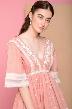 Shop for Sahil Kochhar Pink Cotton Embroidered Flared Dress for Women Online at Aza Fashions Feminine Pink Midi Dress With Floral Embroidery, Elegant Pink Embroidered Dress With Short Sleeves, Festive Chikankari Embroidered Peplum Dress, Pink Peplum Dress With Ruffle Hem, Pink Chikankari Embroidered Dress, Anarkali Dress With Floral Embroidery And V-neck, Feminine Pink Embroidered Wedding Dress, Pink Festive Maxi Dress For Spring, Anarkali Dress With Ruffles And Peplum Design