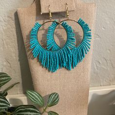 This Is A Pair Of New Turquoise Beaded Dangle Earrings By Plunder. You Get A Box And A Gauze Bag To Store Them Or Gift Them. Turquoise Bead Earrings, Plunder Jewelry, Football Earrings, Rose Stud Earrings, Faux Pearl Earrings, Crystal Dangle Earrings, Knot Earrings, Beaded Hoop Earrings, Beaded Hoops