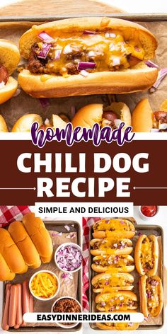 homemade chili dog recipe with hotdogs, coleslaw and other condiments