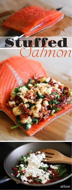 salmon and other foods are being cooked in a skillet on the stove with text overlay