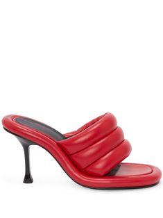 ruby red lambskin padded design open toe slip-on style high sculpted heel Padded Sandals, Dress Mules, Color Block Shoes, Block Shoes, High Heel Slippers, Designer High Heels, Slippers Women, Shoe Inspo, Heel Slippers