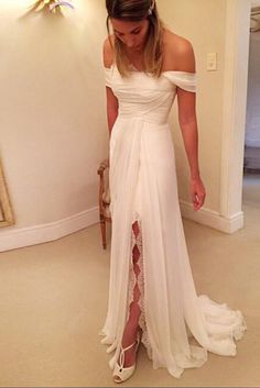 A-Line Off-the-Shoulder Long Chiffon Beach Wedding Dress - Wedding Dresses Chiffon Beach Wedding Dress, Backless Bridal Dresses, Affordable Bridal Dresses, Bohemian Beach Wedding Dress, Chiffon Wedding Dress Beach, Column Wedding Dress, Custom Wedding Gown, Off Shoulder Wedding Dress, Beach Wedding Dresses