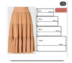 a skirt with tiered layers on the bottom and bottom, measurements for each item