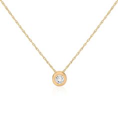 This classic women's solitaire pendant features one round brilliant cut natural diamond. The diamond is bezel set in solid 14k yellow gold. An 18" 14k yellow gold chain is included. Anniversary Solitaire Necklace With Round Cut And Smooth Bezel, Classic Yellow Gold Round Cut Birthstone Necklace, Minimalist Gold Solitaire Necklace With Smooth Bezel, Yellow Gold Birthstone Necklace With Single Diamond, Classic Gold Solitaire Necklace With Smooth Bezel, Classic Round Diamond Necklace With Smooth Bezel, Classic 14k Gold Birthstone Necklace With Bezel Setting, Gold Diamond Solitaire Necklace With Smooth Bezel, Classic Round Solitaire Necklace With Smooth Bezel