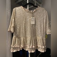 Fun, Flattering Sequin Top. Fits More Like An 8/10. Fashion Top, Sequin Top, Ruffle Top, Holiday Fashion, Top Styles, Sequin, Top Blouse, Blouses, Womens Tops