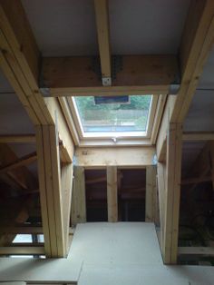 the inside of an unfinished room with skylights